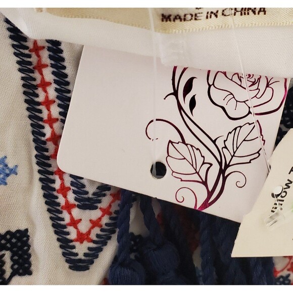 Boho Embroidered Tunic Top Bat Wing Smocked Peasant Top Fringe White Sz L NEW - Picture 11 of 11